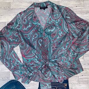 Jones New York Women Blouse Tie Front, Large, Teal, Pink, Paisley, Long, Cotton